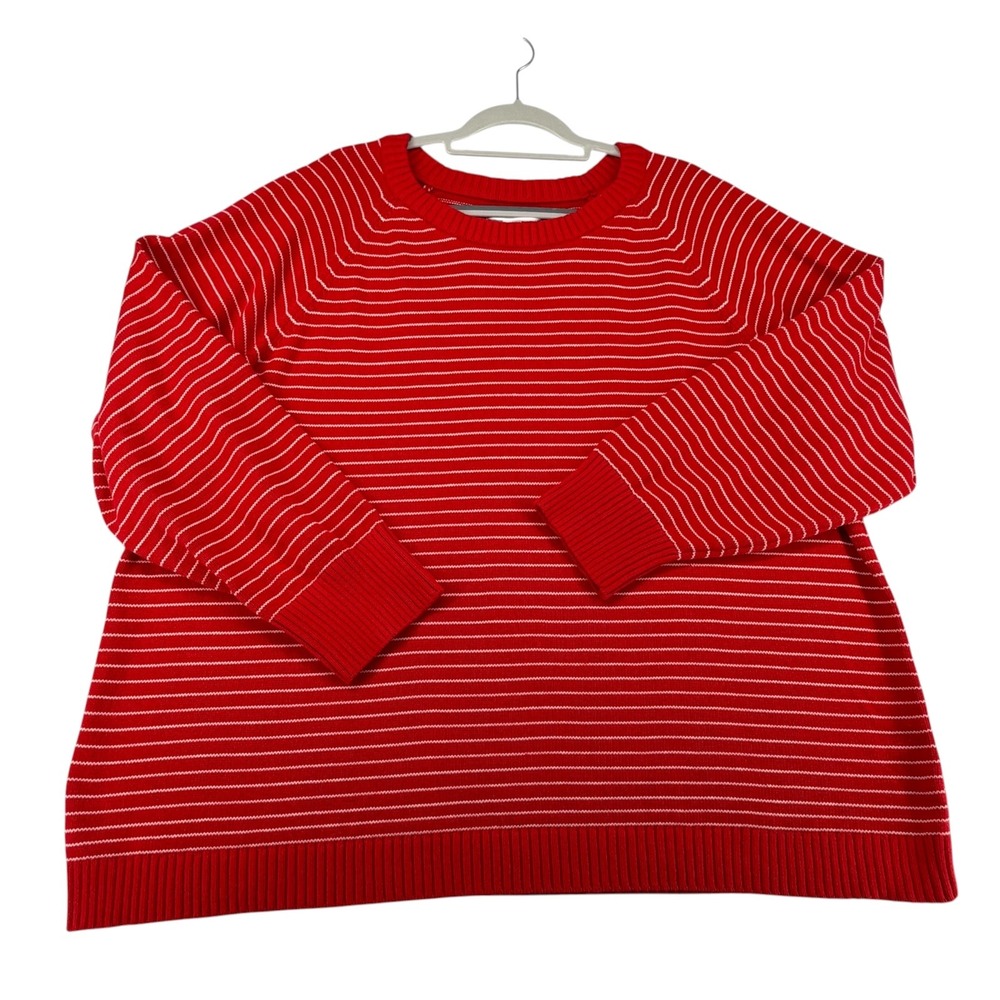 Lands End Striped Crewneck 100% Cotton Sweater Women Plus 3X 24W-26W Red Coastal